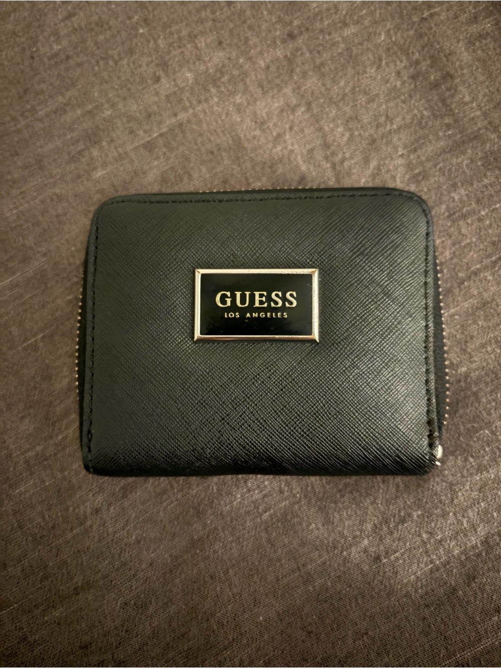GUESS Black Zip-Around Mini Wallet with Gold Logo Plaque